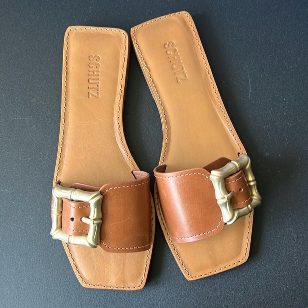 SCHUTZ Enola Leather Square Toe Flat Sandal Sz 8